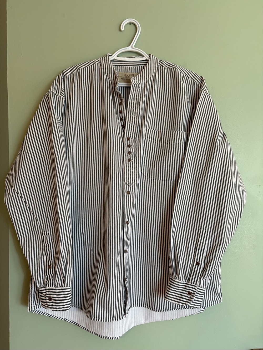 Aran Sweater Market Irish Grandfather Shirt Mens L Collarless Striped Cotton Top